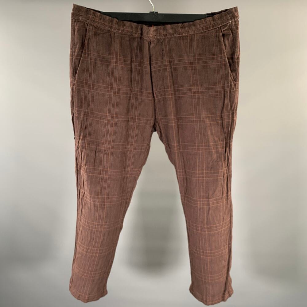 BARENA Size 42 Brown Black Plaid Linen Cotton Drawstring Casual Pants